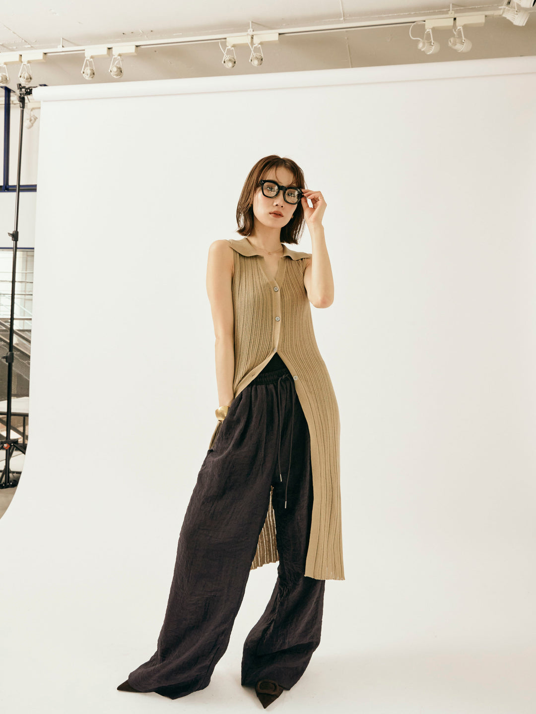 【Allure】[SET]襟付きランダムリブロングニットカーディガン+シャイニースラブシアーワイドパンツ(2set)