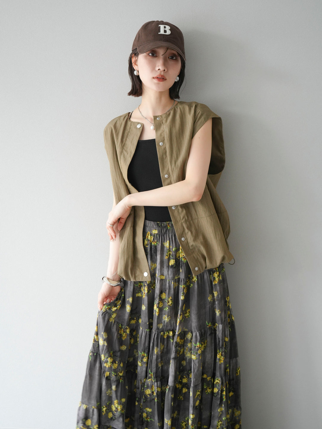 [SET]リネンライクドロストバルーンブルゾン+フラワーワッシャープリーツスカート(2set)