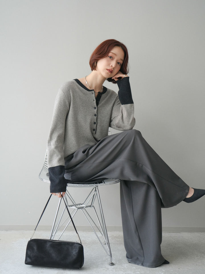 [SET]ヘンリーネック配色ニットソー+ベルトループデザインワイドパンツ(2set)