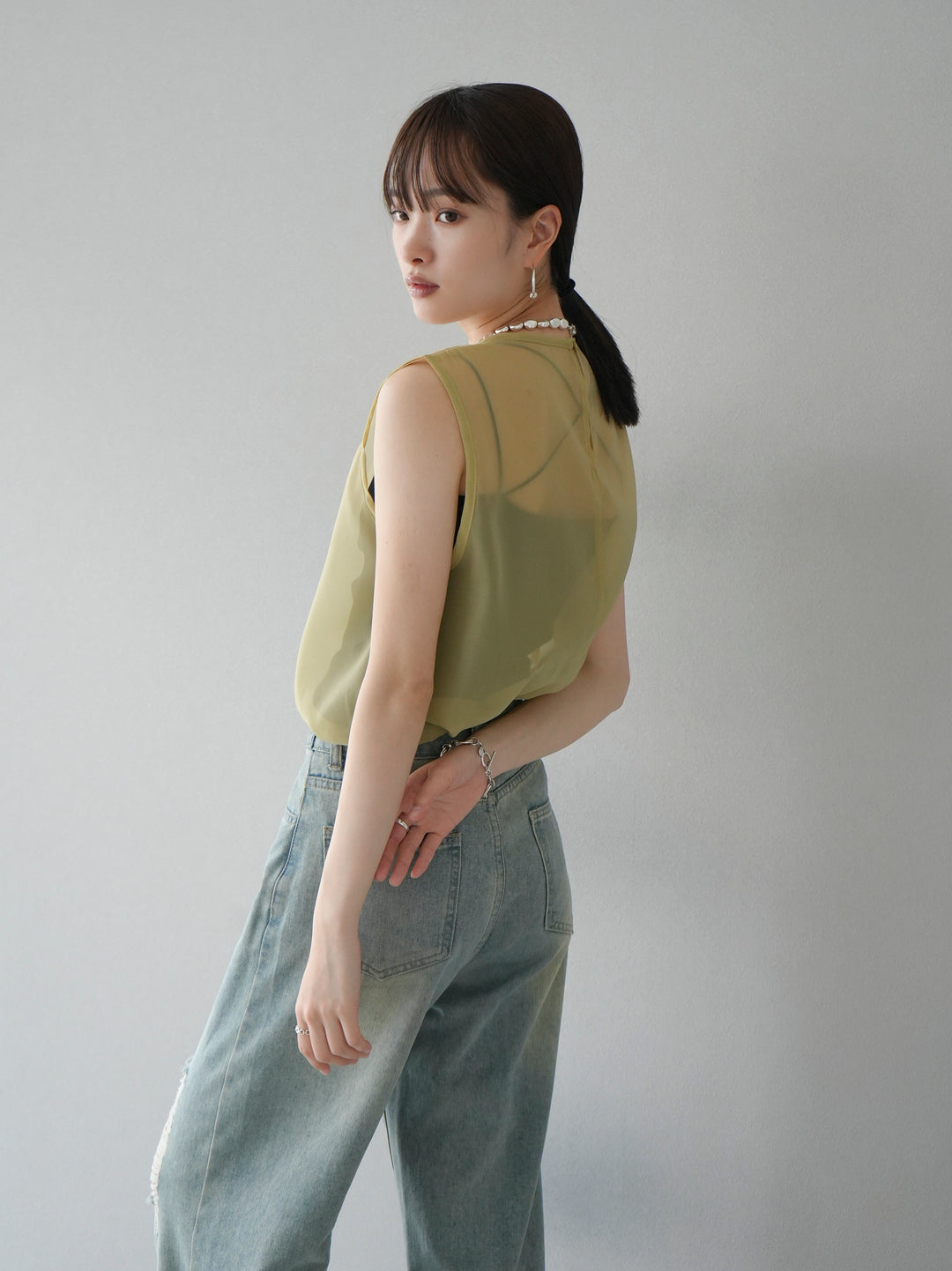 [SET] Organdy sleeveless top + belt asymmetrical damaged denim (2set)