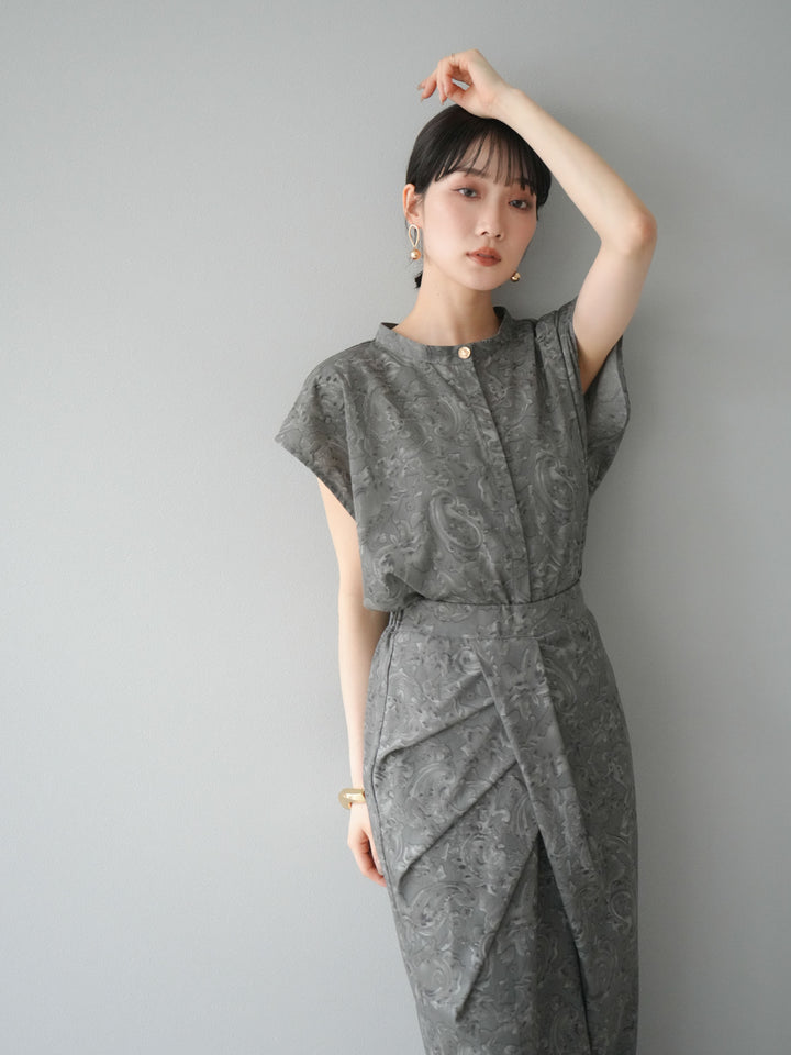 [SET]ペイズリープリントゴールドボタンブラウス+ペイズリープリントタックIラインスカート(2set)