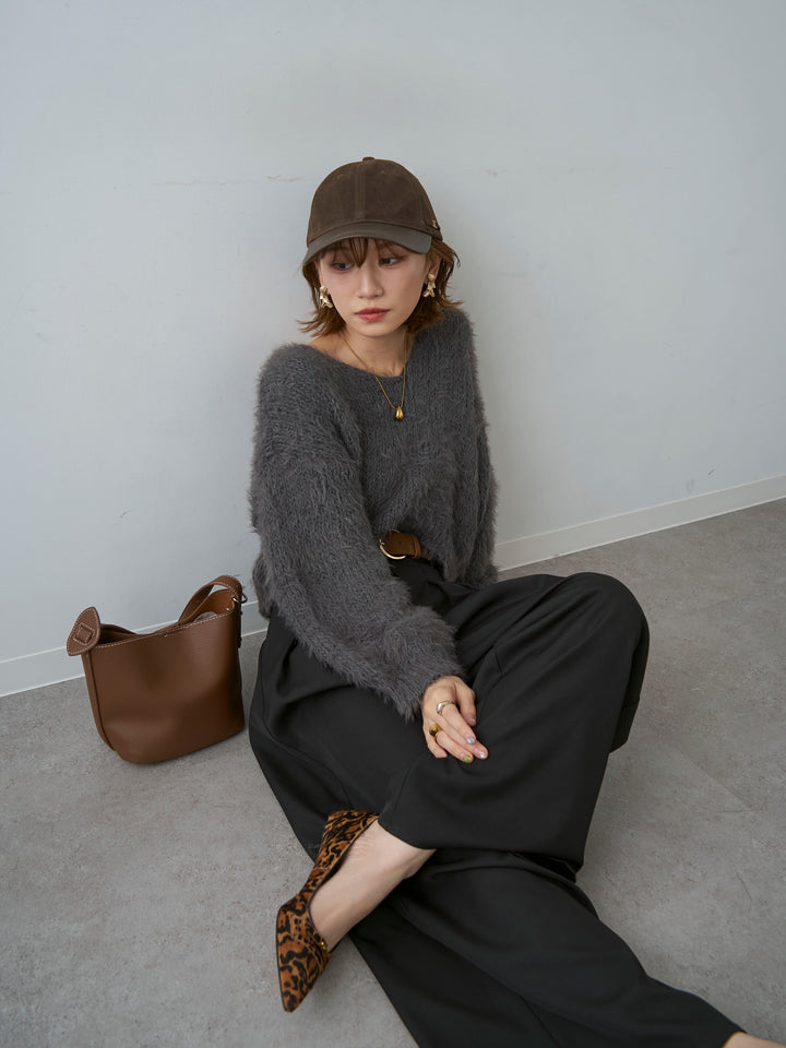 [予約]Vネックシャギークロップニットトップス/charcoal