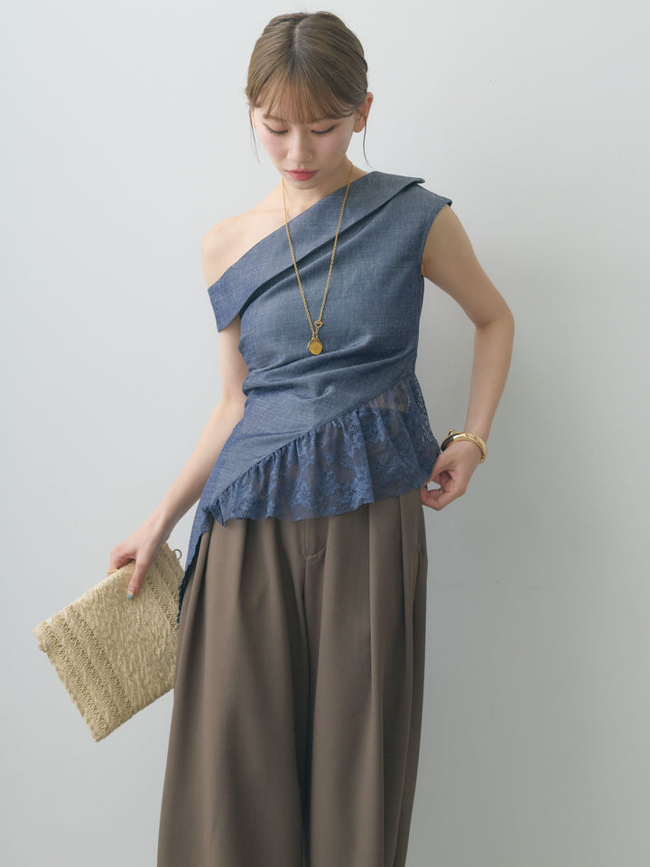 [SET]アシンメトリーラッフルレースヘムトップス+クレープデシンタックワイドパンツ(2set)