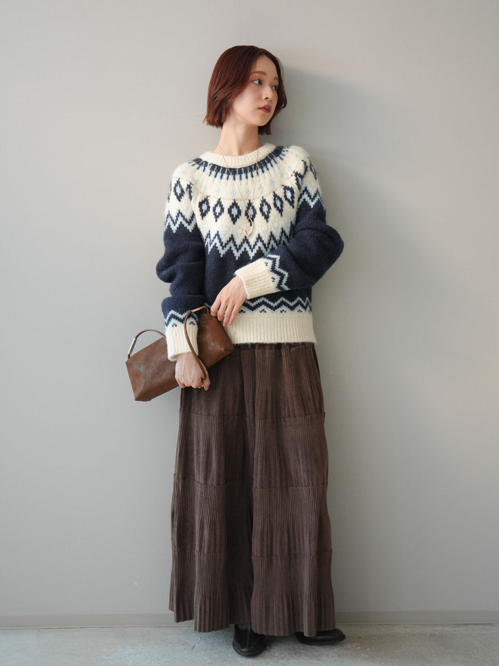 [予約]型押しスエードティアードプリーツスカート/brown