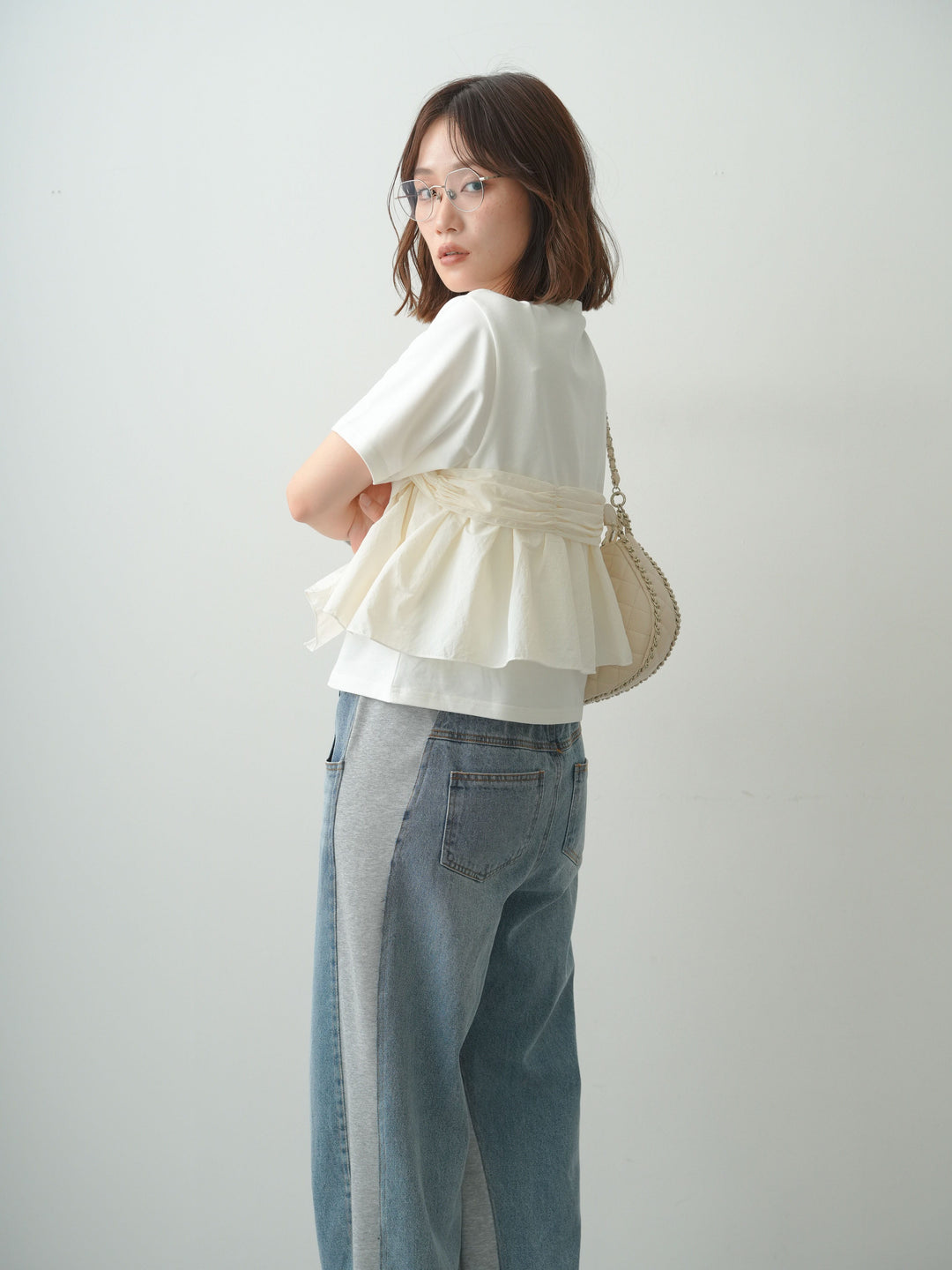 [SET]ナイロンドッキングツイストTEE +デニム切替スウェットパンツ(2set)
