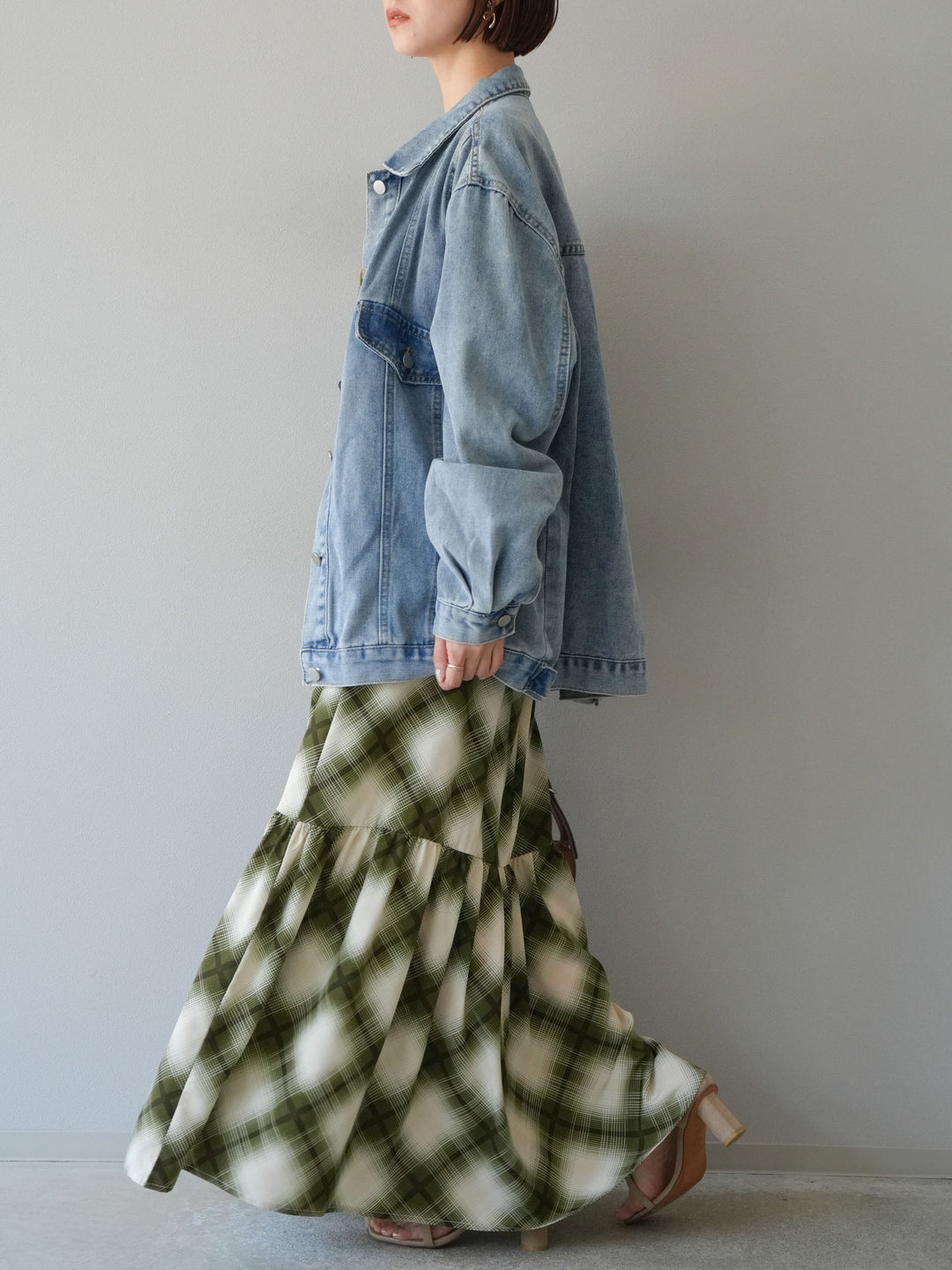 [SET]ベルト付チェックノースリーブワンピース+ビンテージデザインBIGデニムジャケット(2set)