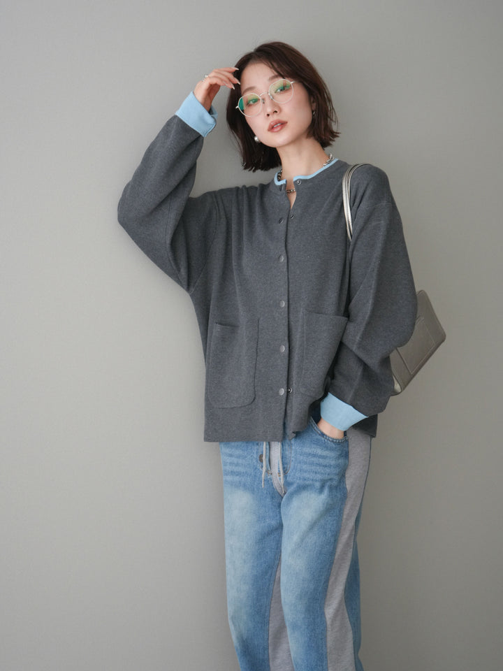 [SET]バイカラーオーバーニットカーディガン+デニム切替スウェットパンツ(2set)