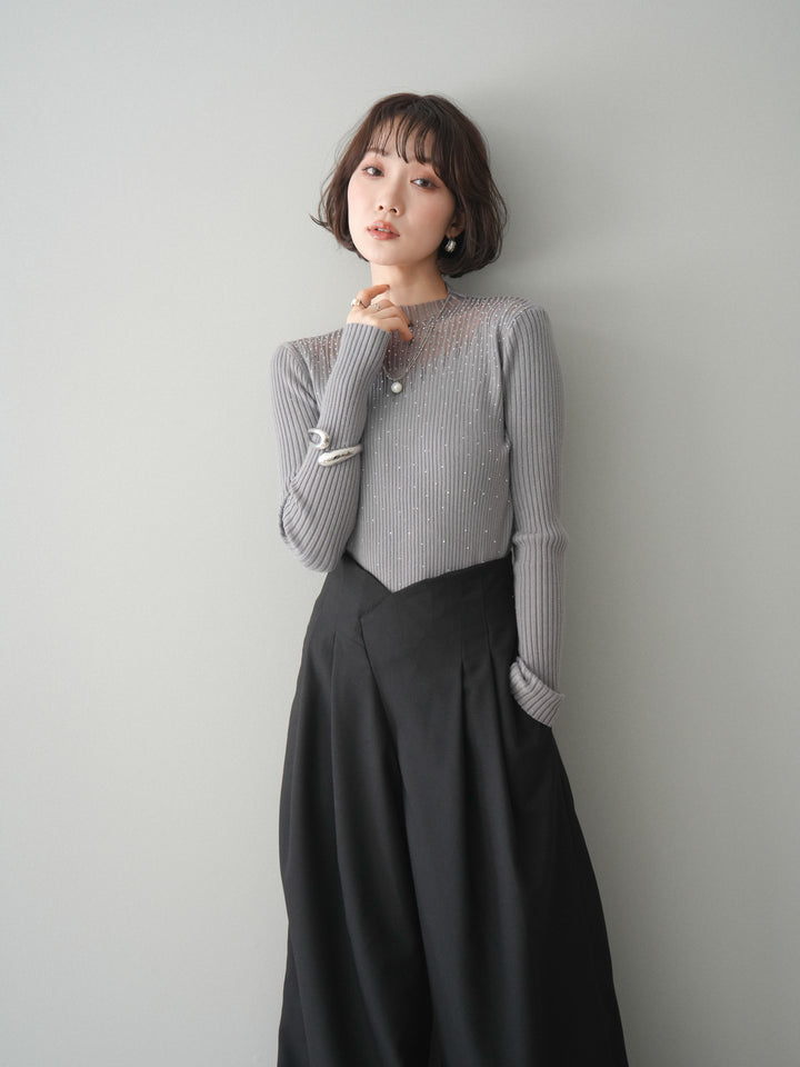 [予約]シアー切替スパンコールリブニットトップス/gray