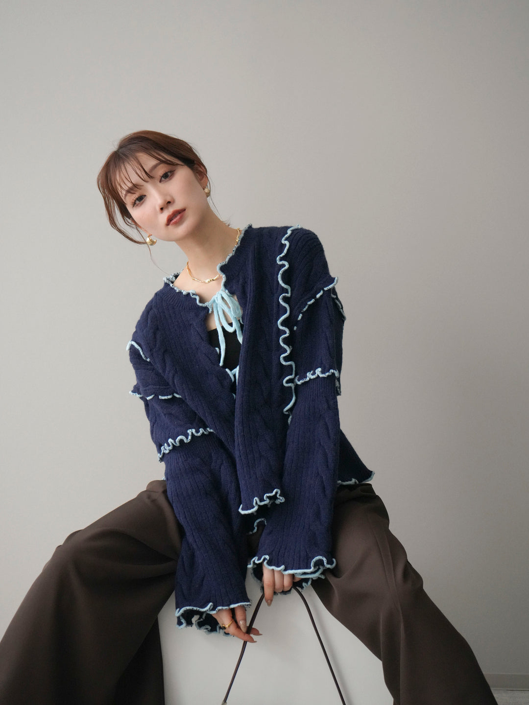 [予約]フロントリボン配色メローニットカーディガン/navy