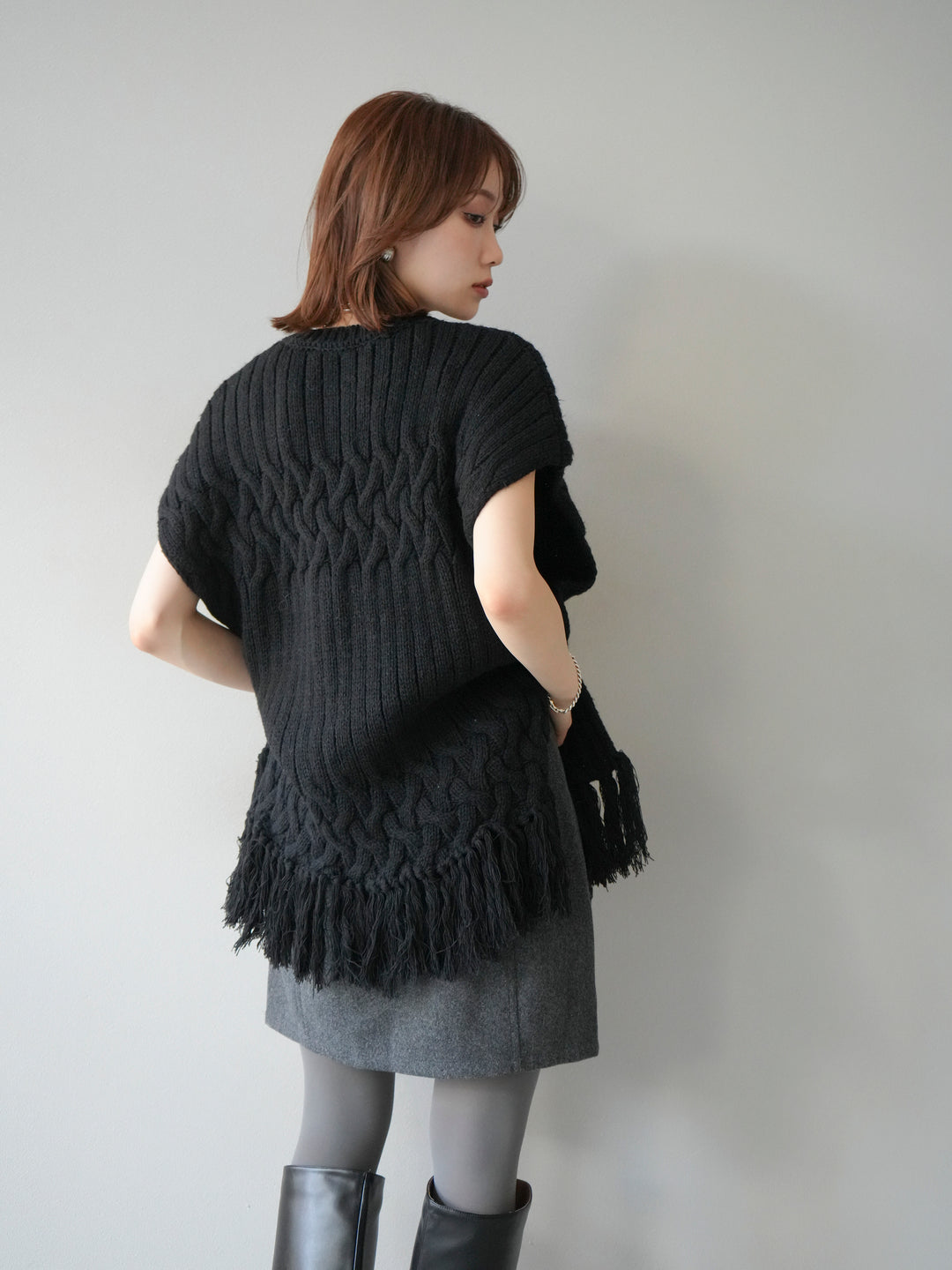 [予約]ケーブルニットフリンジベスト/ブラック