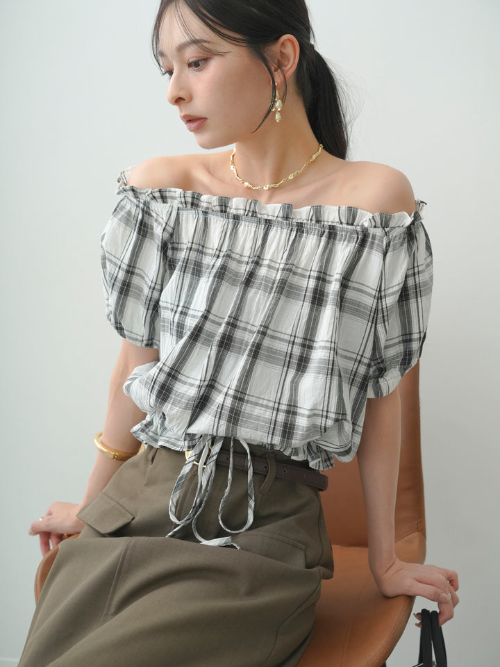 [SET]チェックギャザーオフショルトップス+クレープデシンフラップ付きストレートスカート(2set)