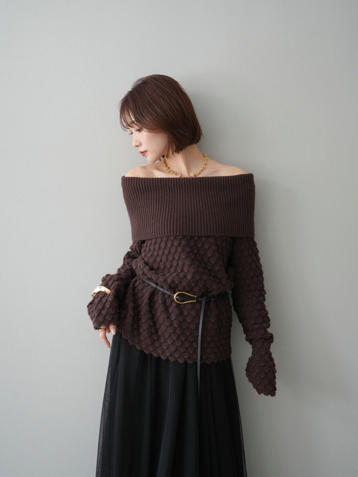 [予約]ポコポコ編みオフショルニットプルオーバー/brown