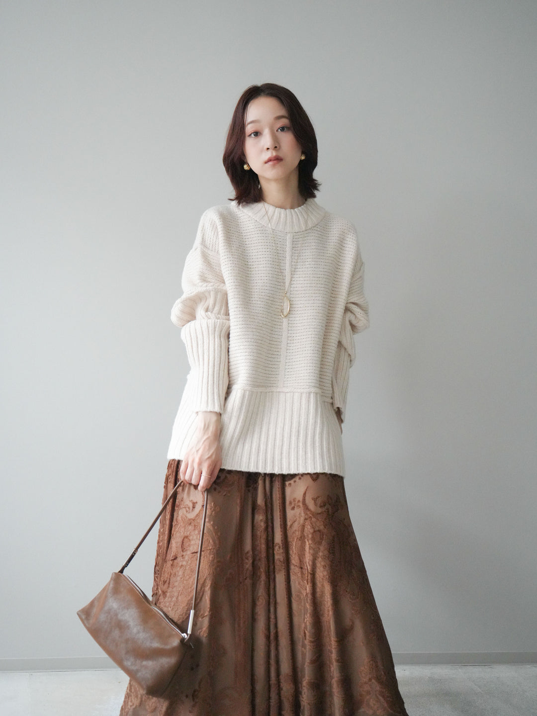 [SET]編み地切替ボトルネックニットプルオーバー+アンティーク柄フロッキーマキシスカート(2set)
