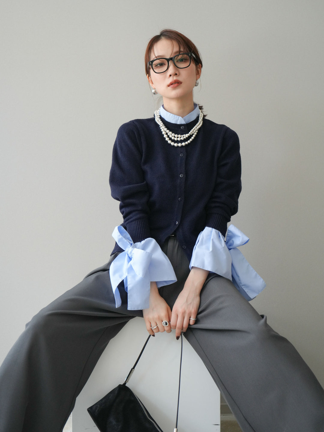 [予約]ウールライクリボンシャツカーディガン/navy