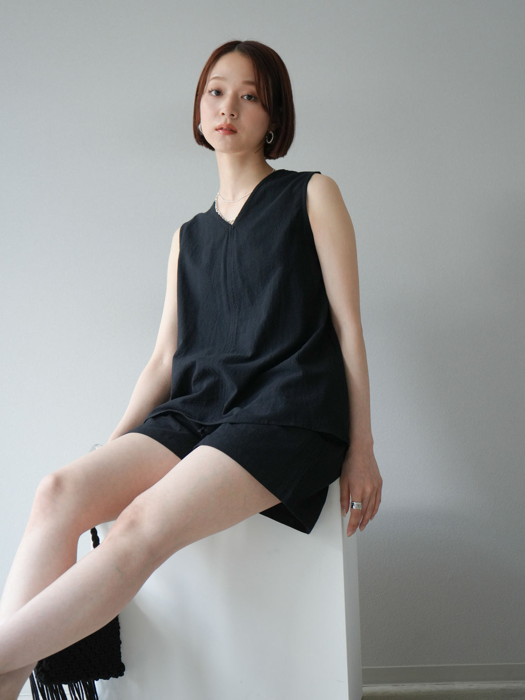 [SET] 仿亞麻V領上衣&amp;短褲套裝 + 仿亞麻V領上衣&amp;短褲套裝 (2set)