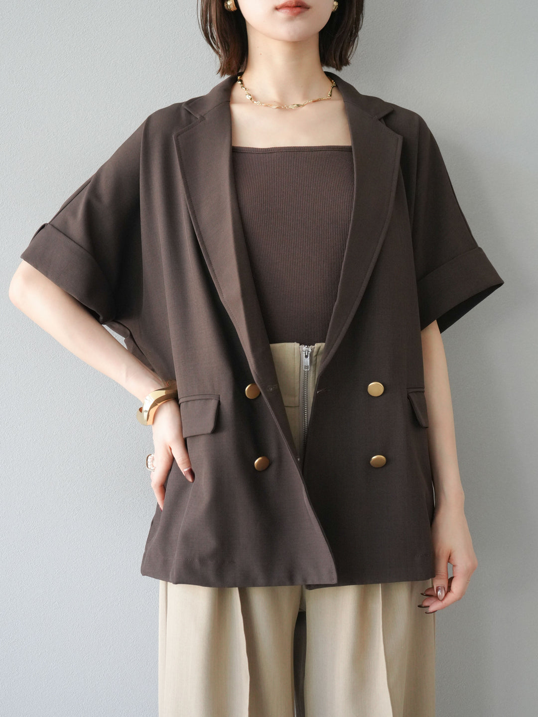 [予約]ゴールドボタンハーフジャケット/ブラウン