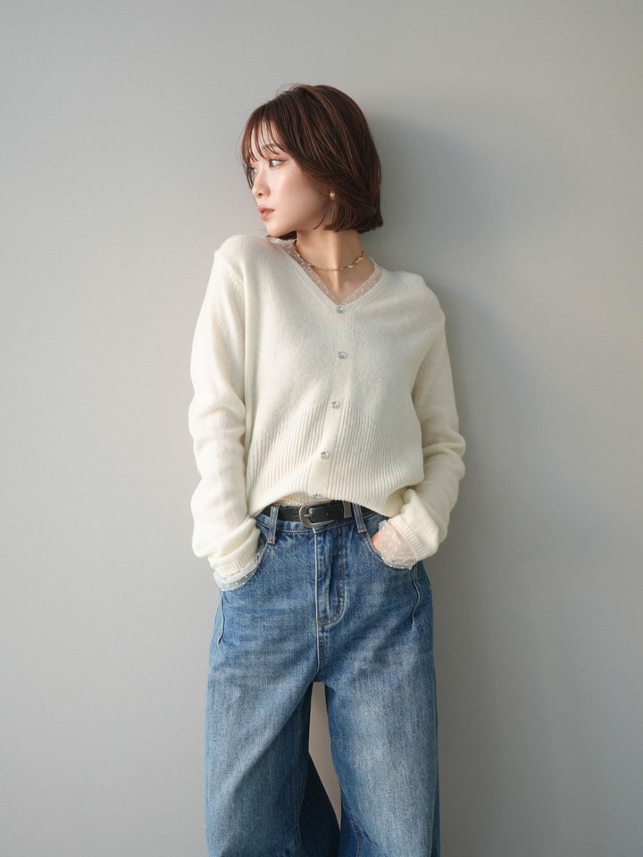 [SET]ドットチュールレイヤードボタンニットトップス+選べるアクセセット(2set)