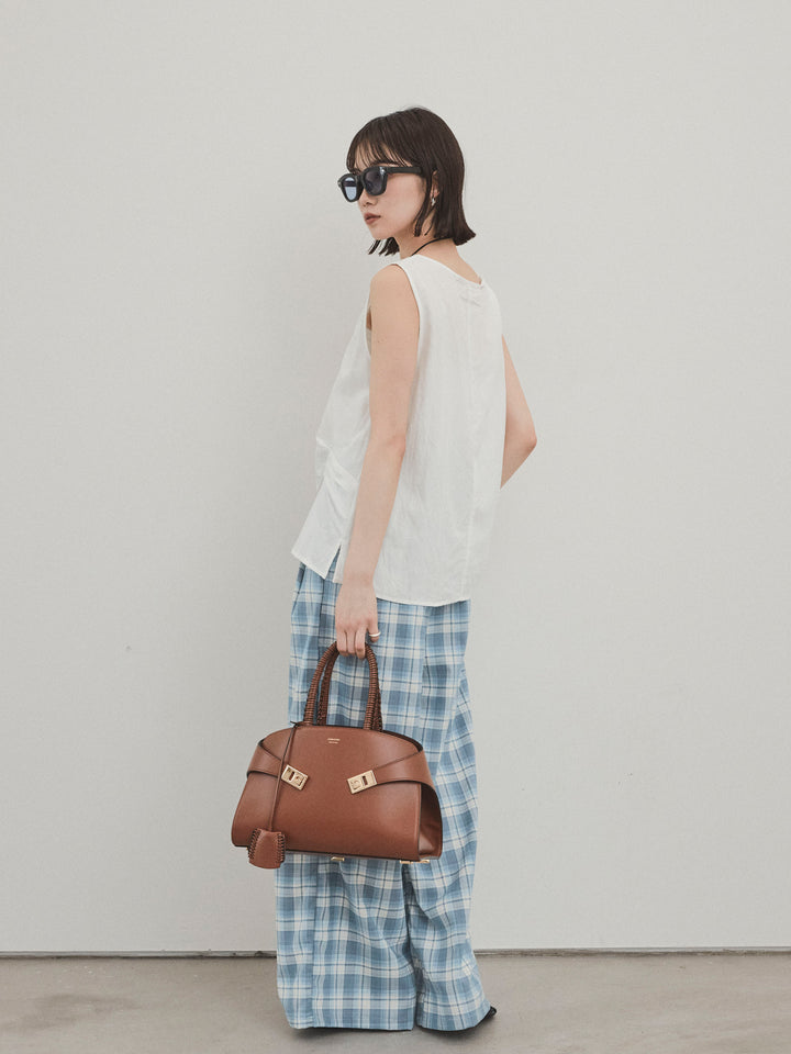 [SET] 扭紋無袖上衣配皮項鍊 + 格紋寬褲 (2 件套)