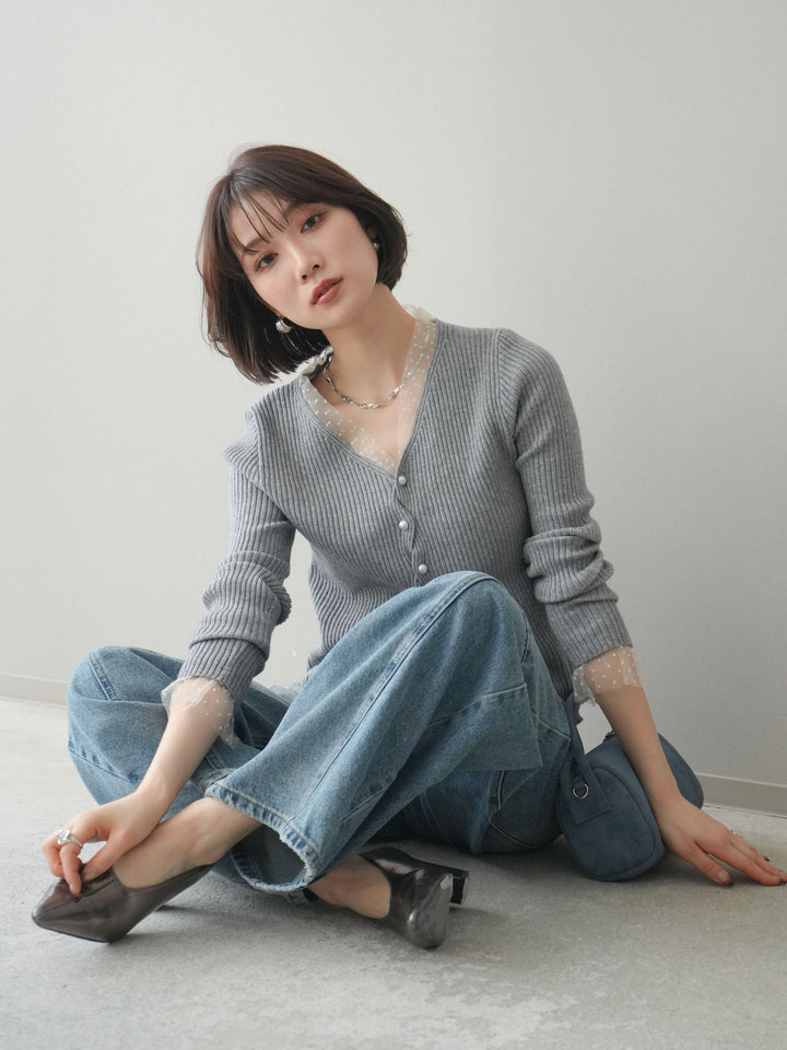 [予約]チュールドッキングパールボタンニットカーディガン/gray