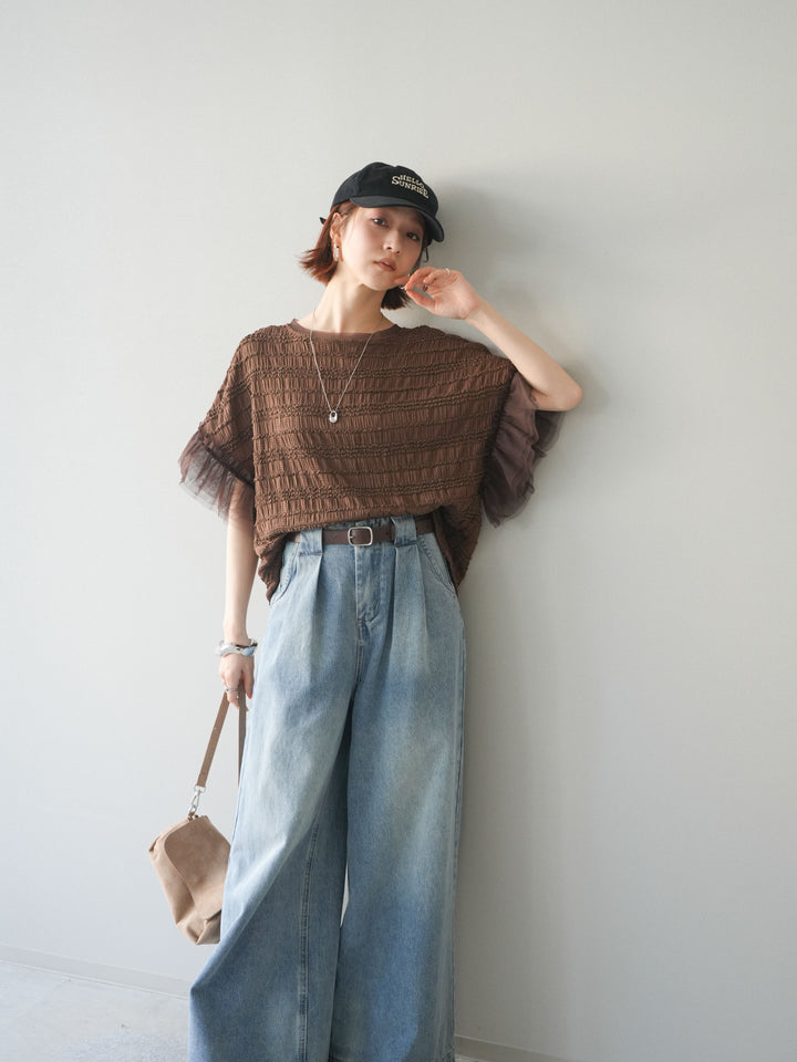 [予約]チュール袖リップルトップス/brown
