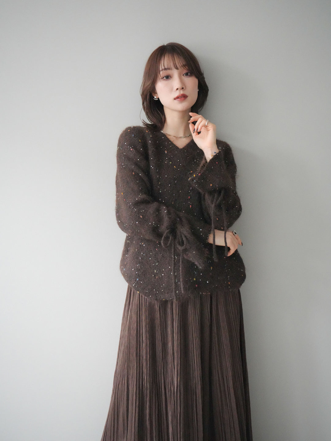 [予約]キャンディースリーブカラーネップスパンコールニットプルオーバー/brown