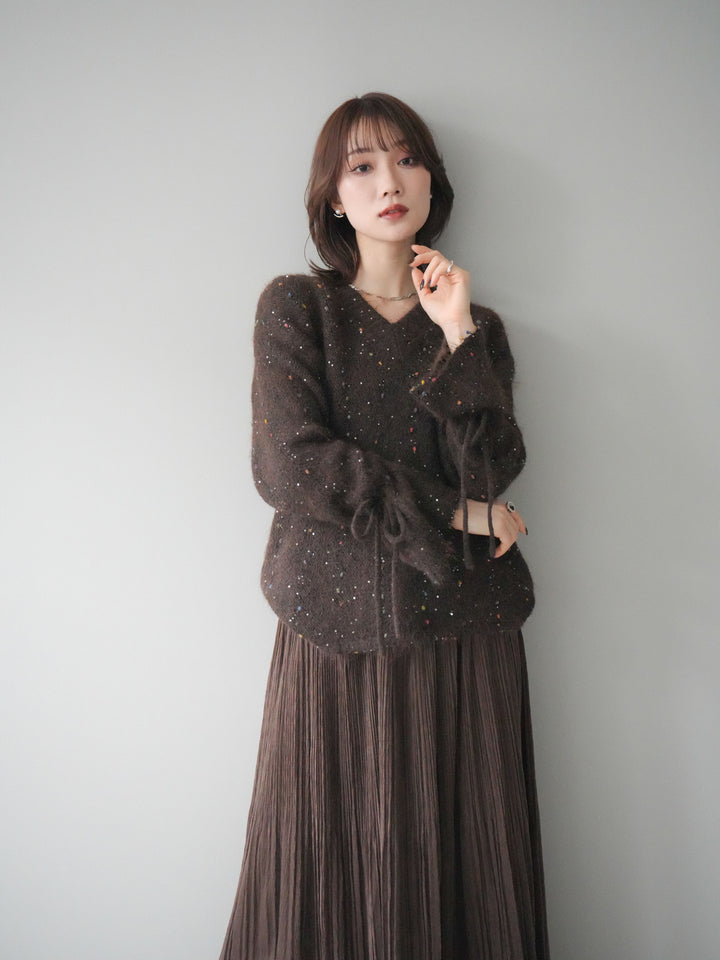 [予約]キャンディースリーブカラーネップスパンコールニットプルオーバー/brown