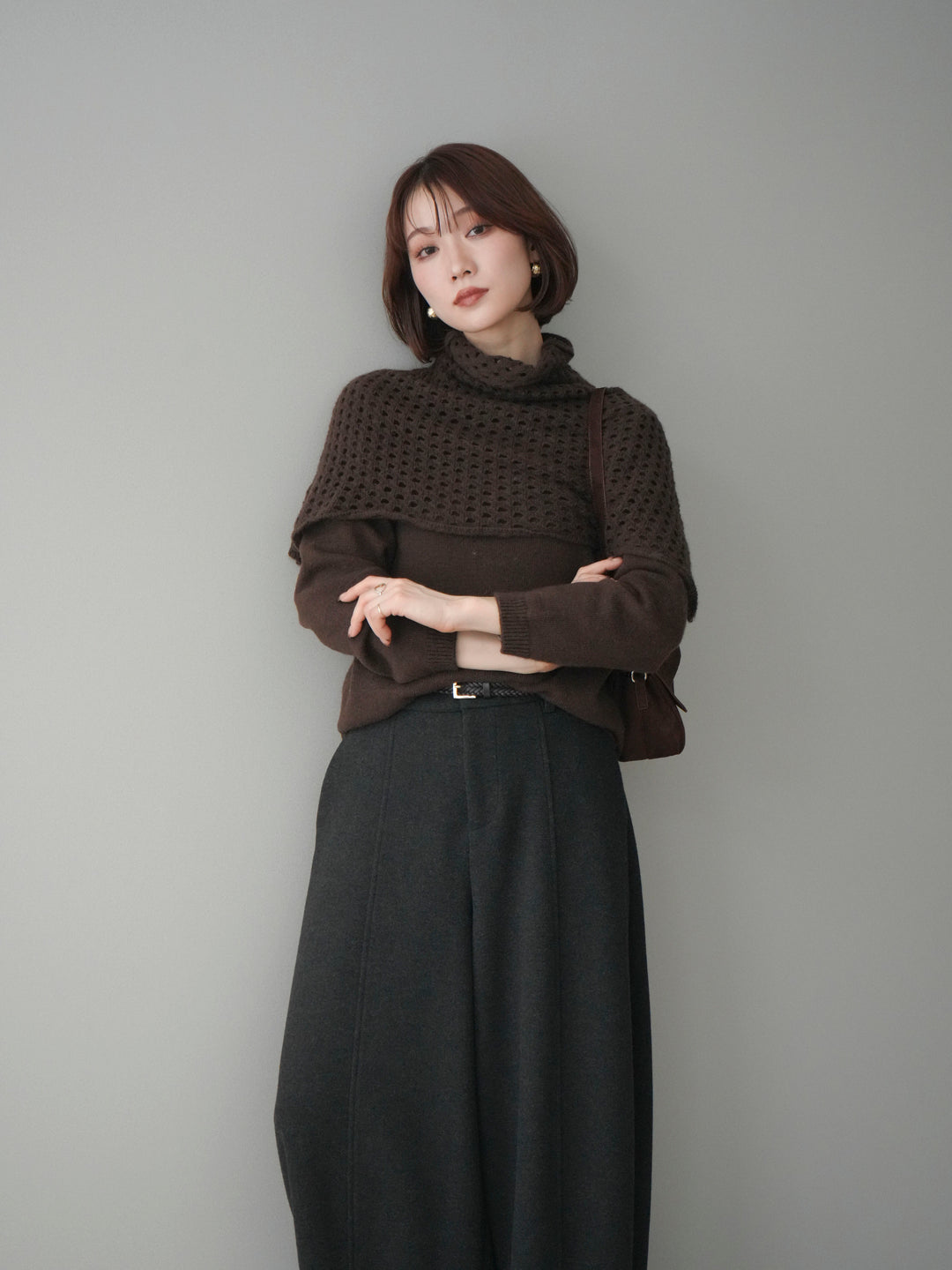 [予約]メッシュケープアンサンブルニットプルオーバー/brown