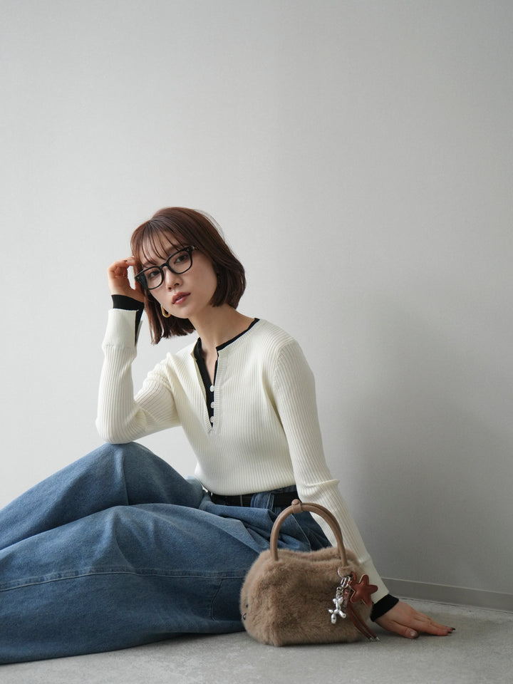 [SET]バイカラーキーネックリブニットトップス+ハイウエストベルトループデザインデニムパンツ(2set)