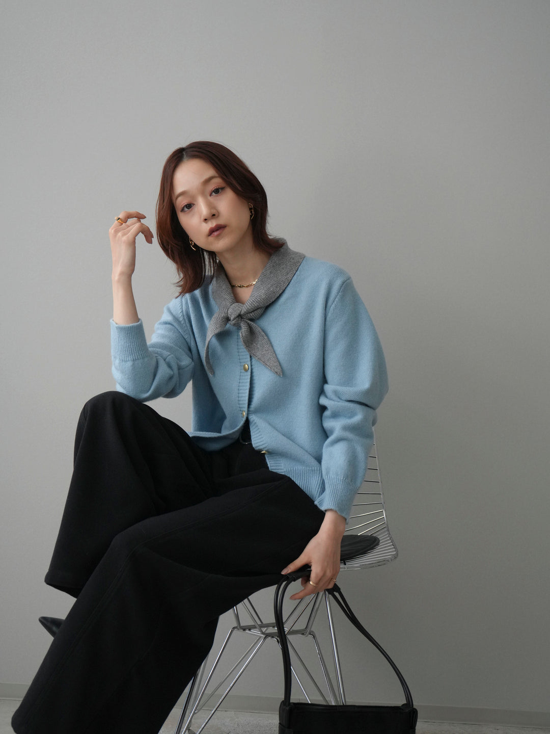 [SET]デザイン襟ニットカーディガン+ベルト付起毛コクーンパンツ(2set)