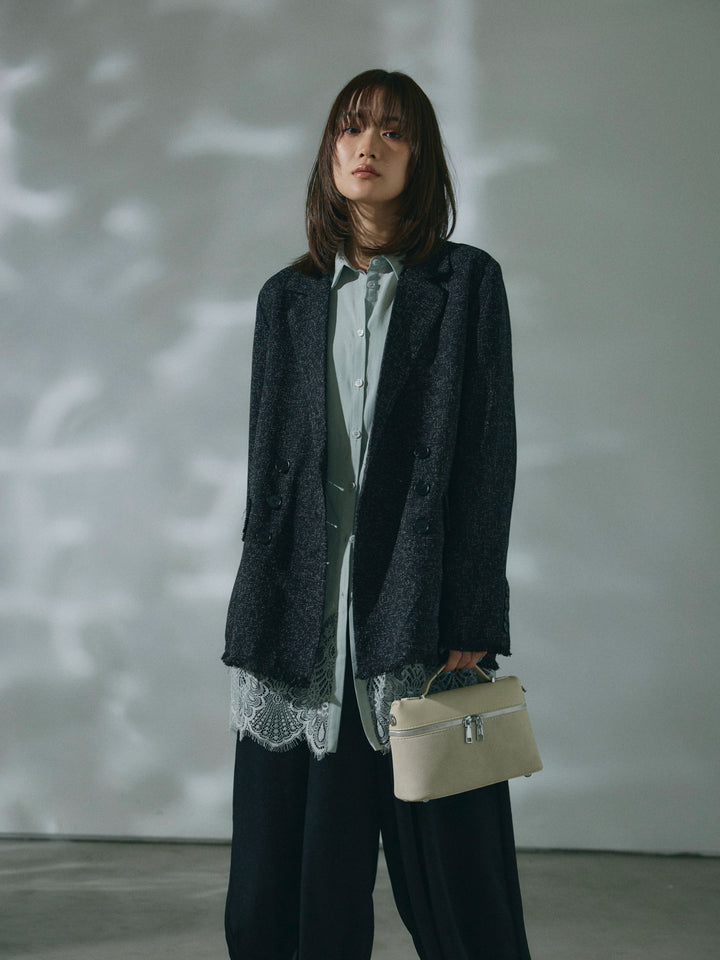 【Allure】[SET]スラブツイードフリンジテーラージャケット+ワッシャーサテンタックジョガーパンツ(2set)