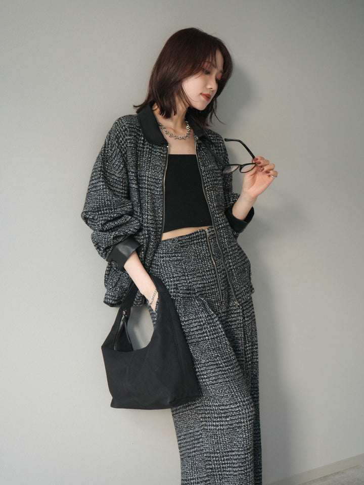 [予約]レザー襟ミックスツイードジャケット/black
