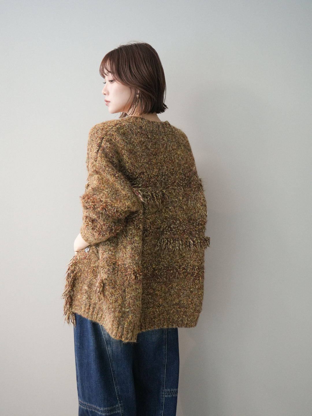 [SET]ミックスヤーンフリンジデザインニットジャケット+裏起毛加工デニムカーブパンツ(2set)