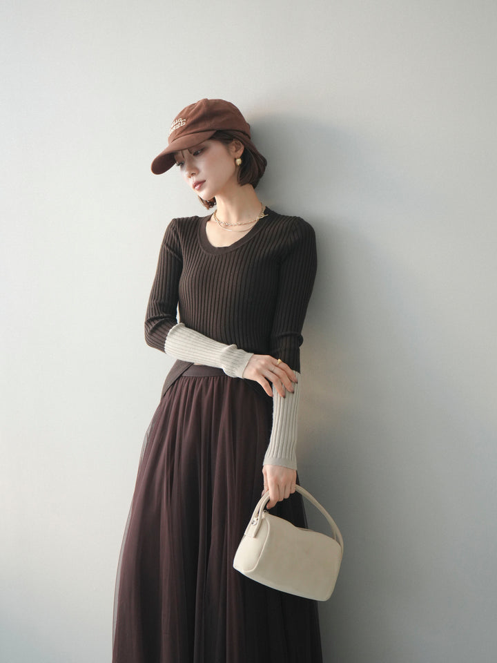 [予約]袖配色ランダムリブフロントスリットニットトップス/brown