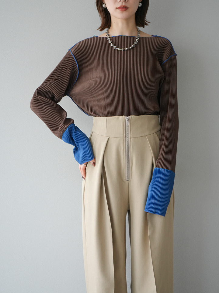 [予約]バイカラープリーツトップス/ブラウン