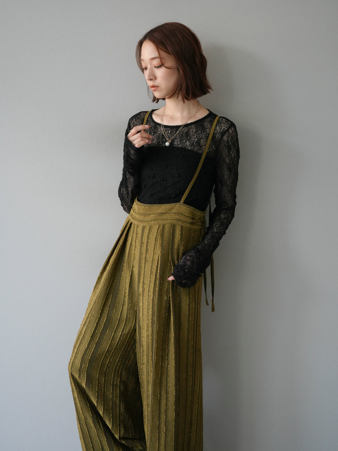 [予約]ジャガードストライプサロペット/カーキ