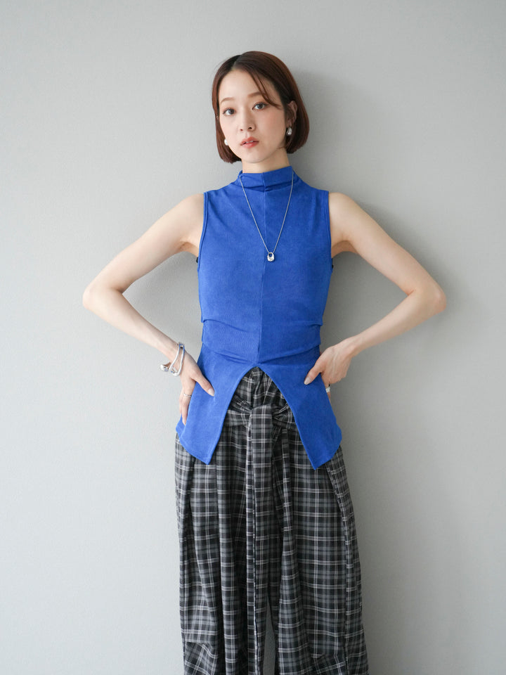 [予約]フロントスリットレーヨンニットトップス/ブルー
