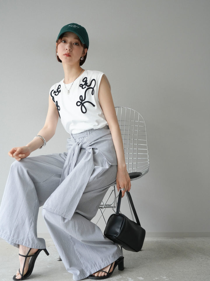 [SET]コード刺繍フレンチスリーブTシャツ+ウエスト巻きストライプイージーパンツ(2set)