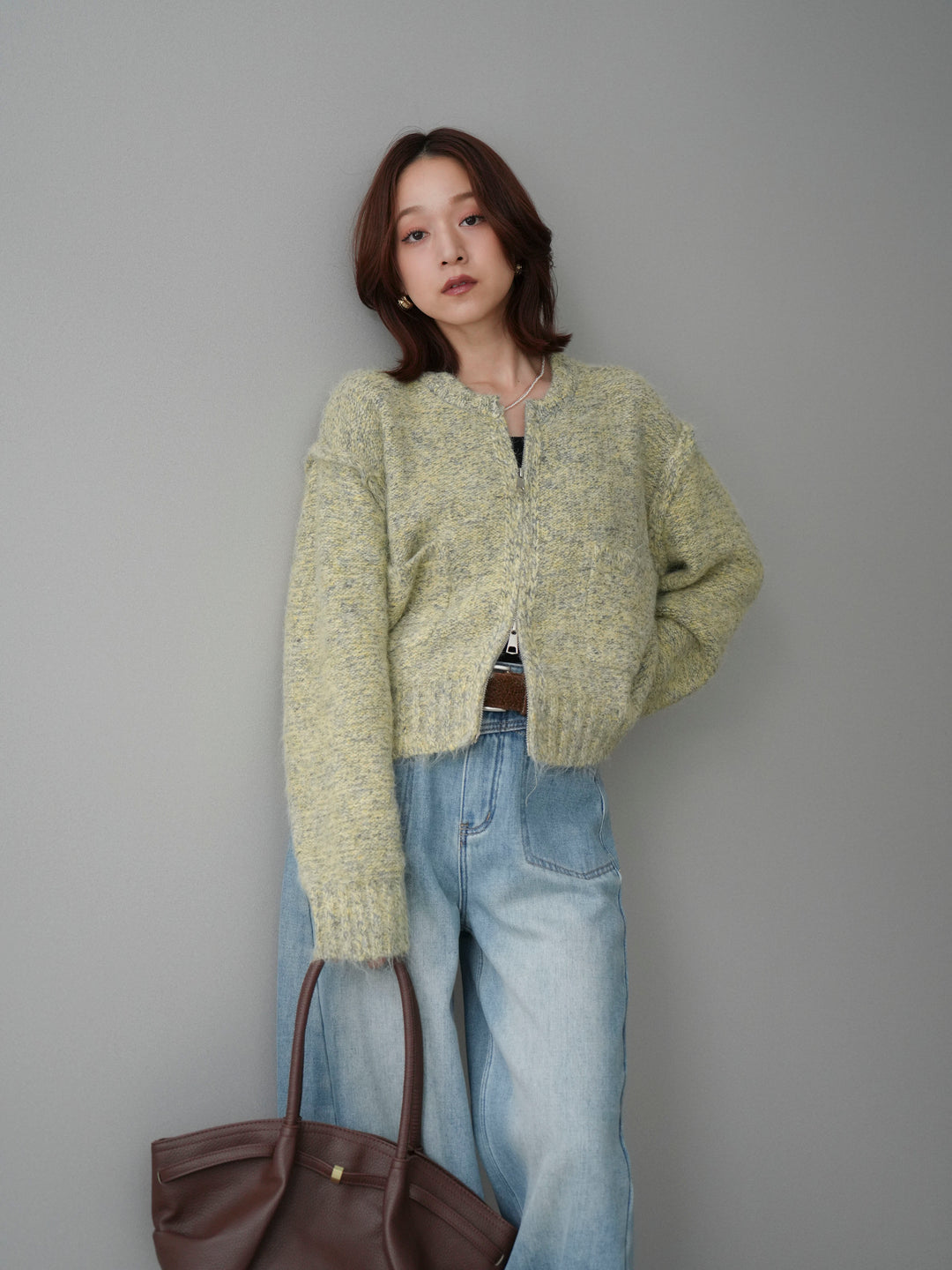 [SET]ミックスヤーンダブルZIPニットカーディガン+ベルト付裏起毛カーブデニムパンツ(2set)