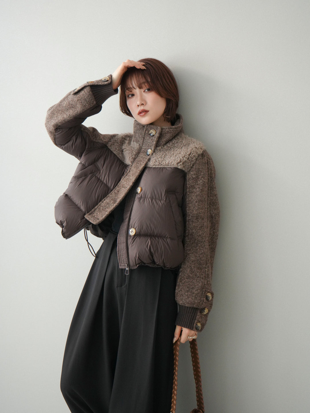 [SET]異素材ダウンジャケット+ベルトループデザインワイドパンツ(2set)