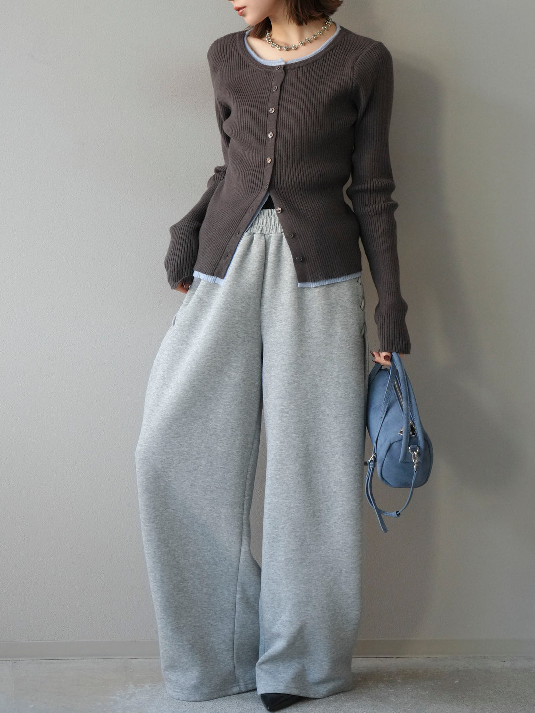 [予約]レイヤード配色ニットカーディガン/グレー