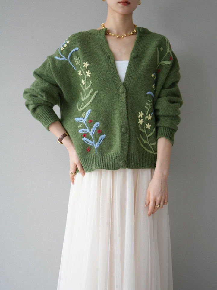 [予約]フラワー刺繍ニットカーディガン/グリーン