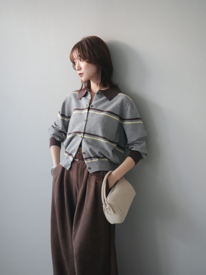 [予約]配色マルチボーダーポロニットカーディガン/gray