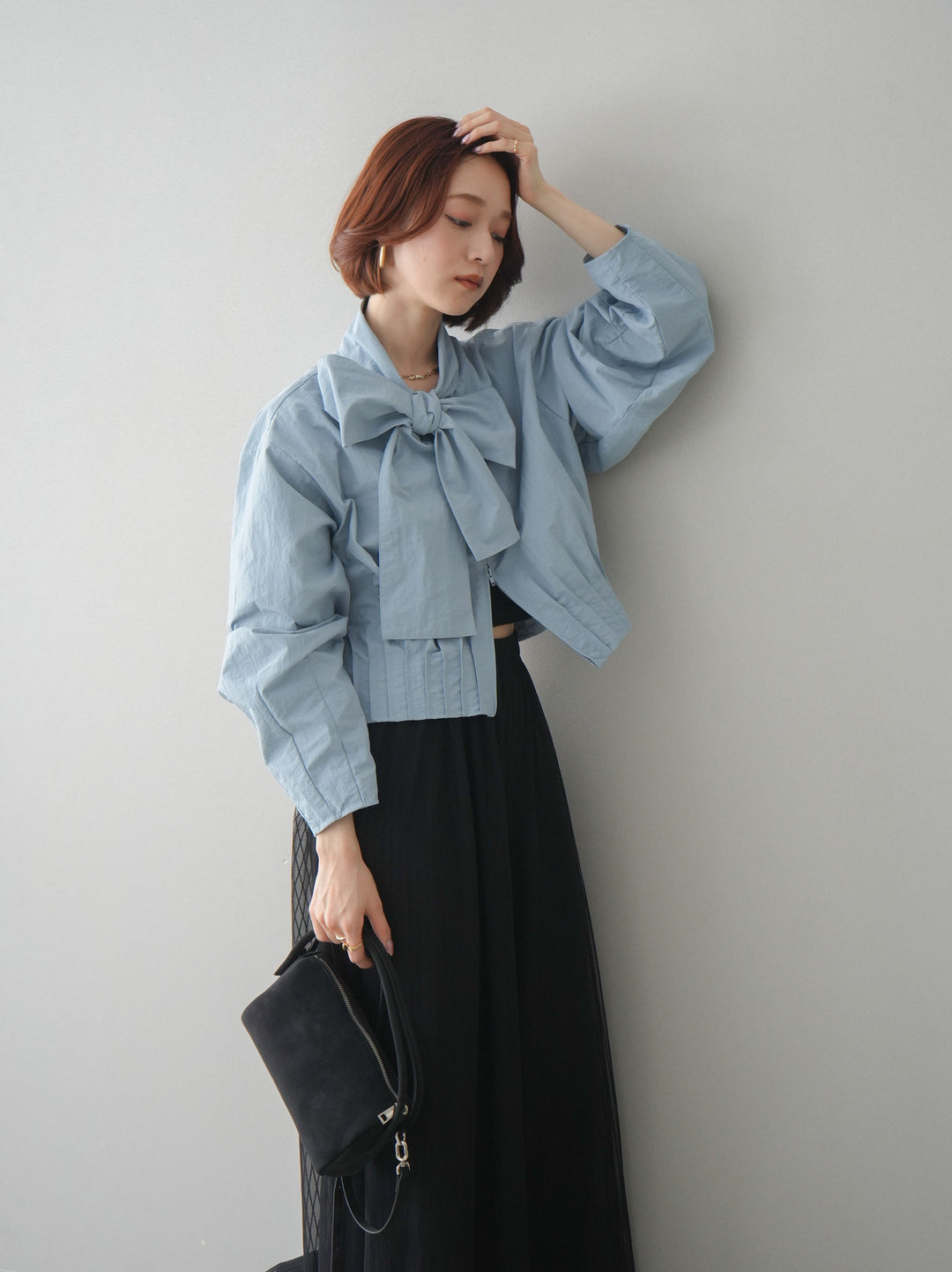 [SET]ボウタイ裾プリーツライトジャケット+ストライプチュールボリュームバギーパンツ(2set)