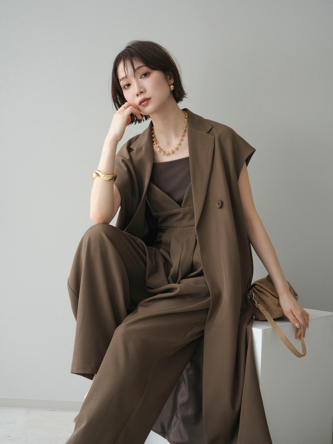 [予約]フレンチスリーブロングジレ/brown