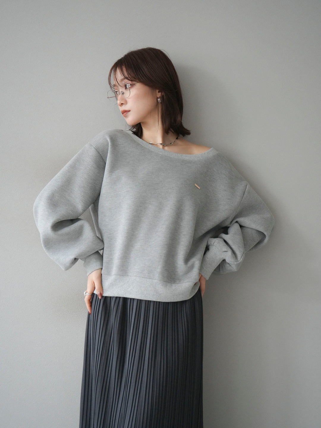 [予約]プレート付裏起毛ワンショルプルオーバー/mixgray