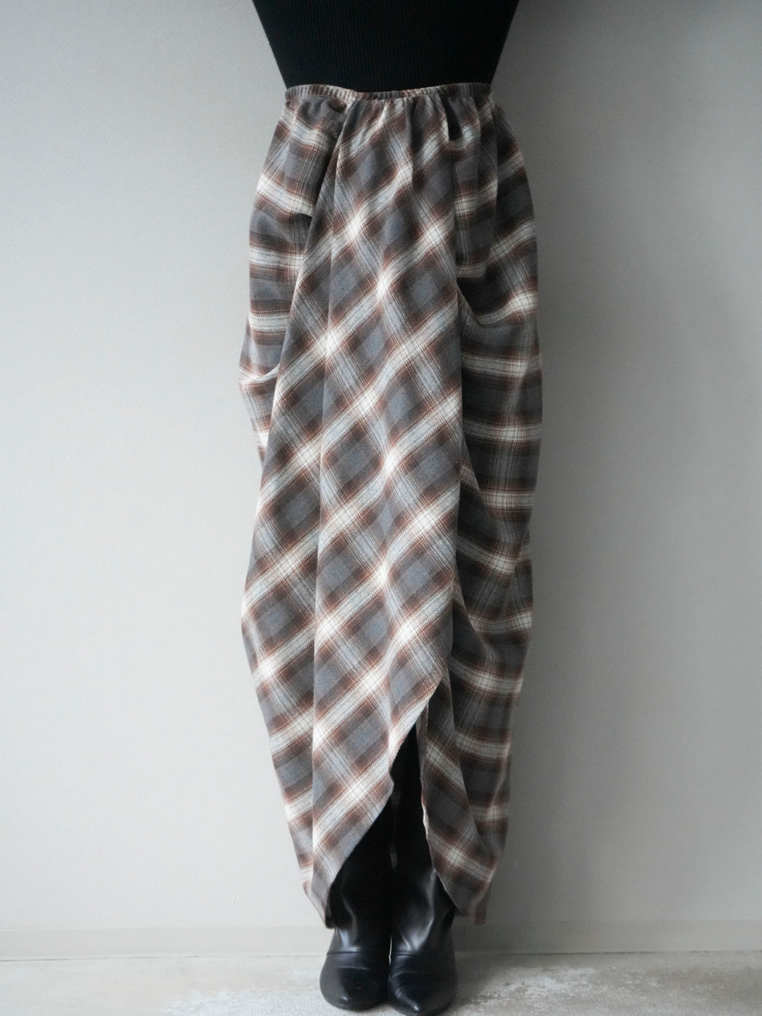 [予約]タックデザインチェックスカート/ブラウン