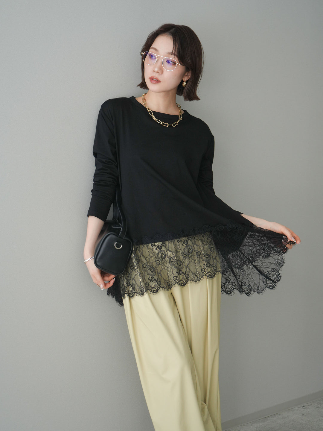 [SET]裾レースロングスリーブTシャツ+選べるアクセセット(2set)