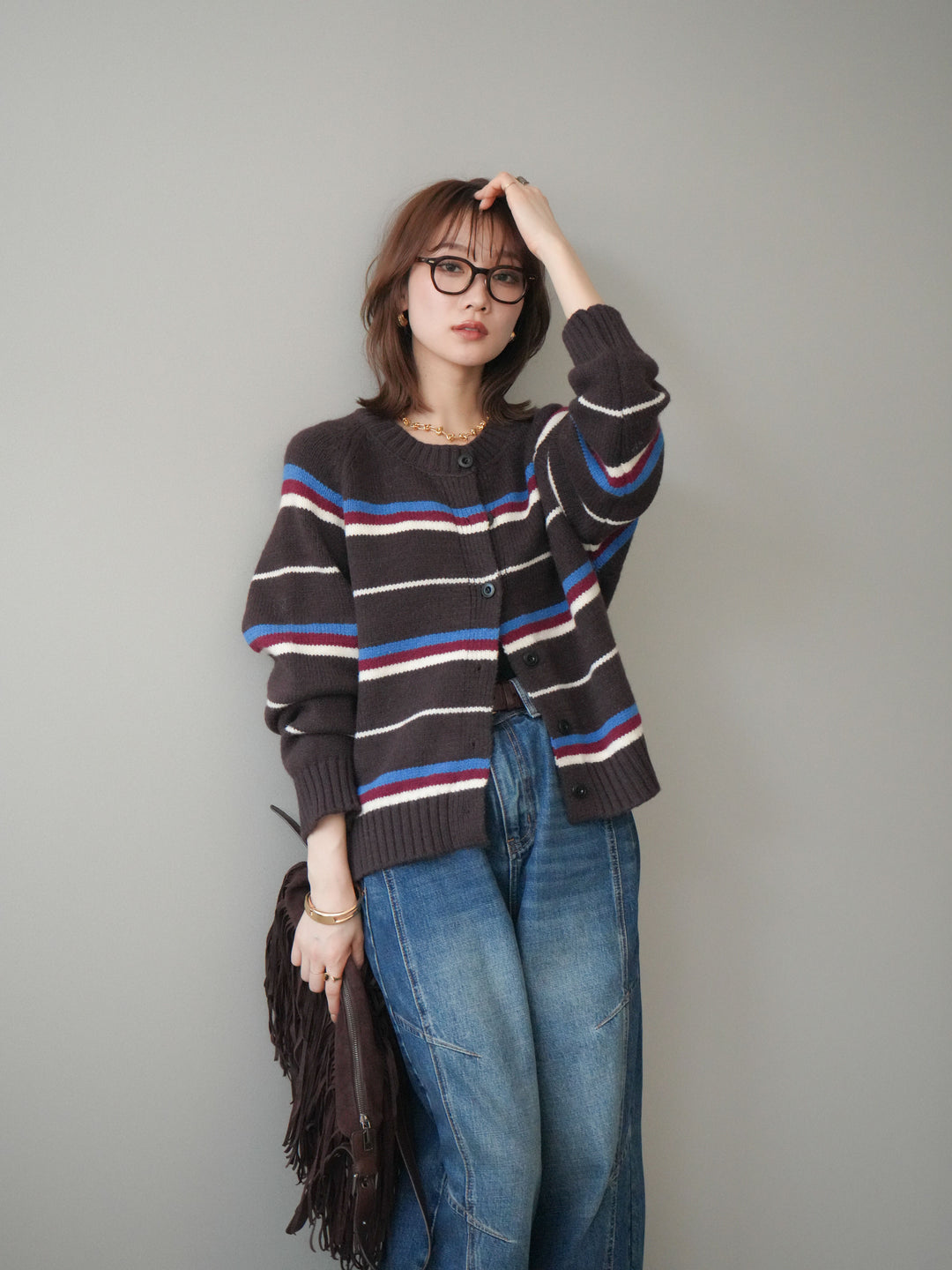 [予約]ランダムボーダーニットカーディガン/brown