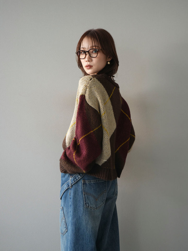 [予約]配色ステッチアーガイル柄ニットプルオーバー/brown