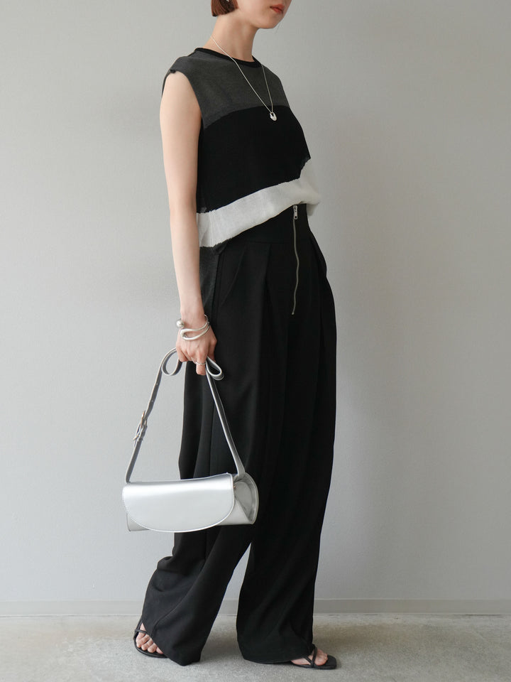[SET]バイカラーシアーニットノースリーブ+ジップタックワイドパンツ(2set)